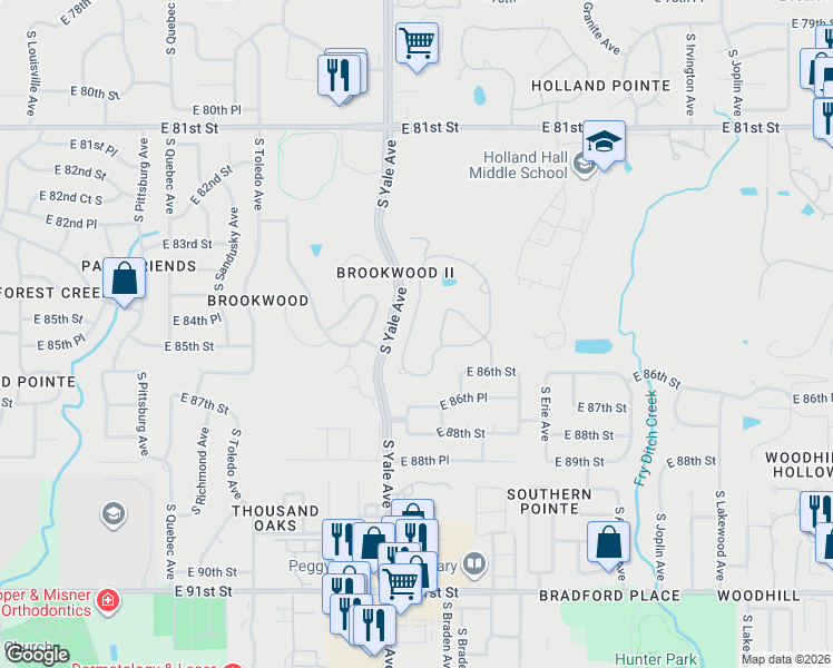 map of restaurants, bars, coffee shops, grocery stores, and more near 8425 South Allegheny Avenue in Tulsa