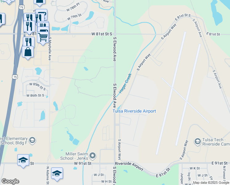 map of restaurants, bars, coffee shops, grocery stores, and more near 8423 South Elwood Avenue in Tulsa
