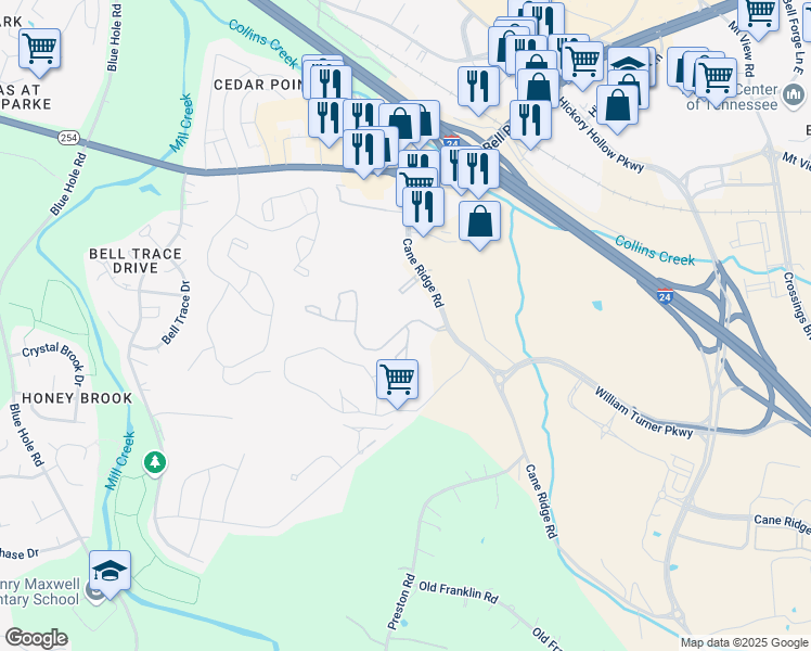 map of restaurants, bars, coffee shops, grocery stores, and more near 100 Chimneytop Drive in Nashville