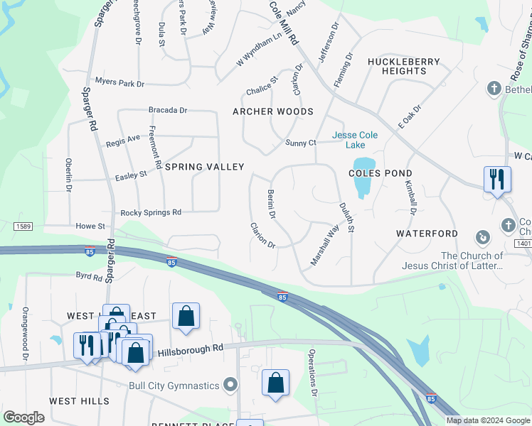 map of restaurants, bars, coffee shops, grocery stores, and more near 4527 Berini Drive in Durham