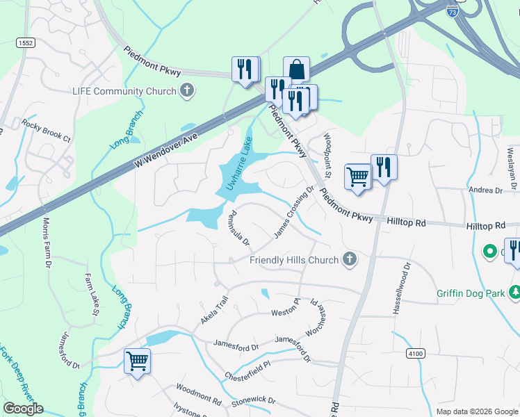 map of restaurants, bars, coffee shops, grocery stores, and more near 3211 Peninsula Drive in Jamestown