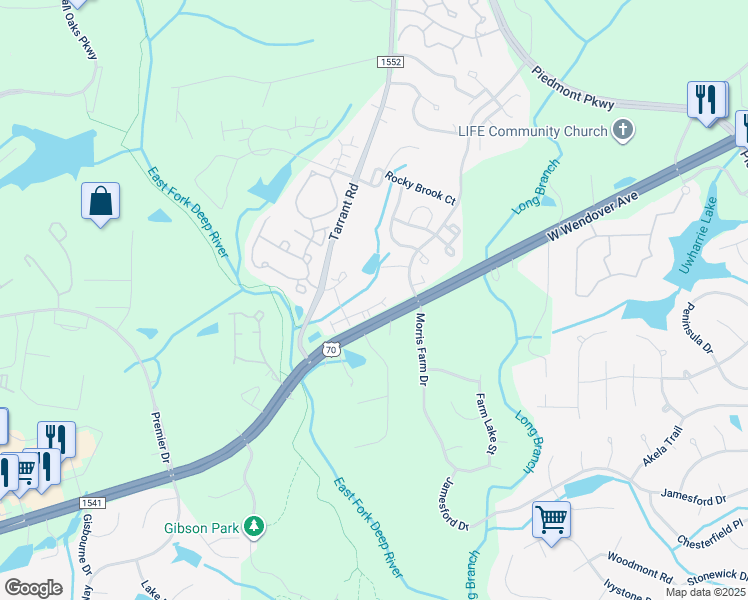 map of restaurants, bars, coffee shops, grocery stores, and more near 4335 Cedarcroft Court in Greensboro