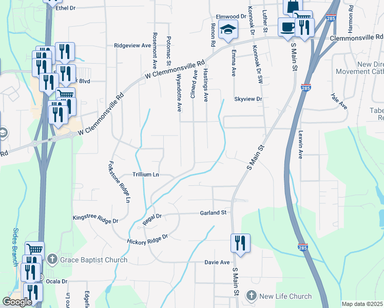 map of restaurants, bars, coffee shops, grocery stores, and more near 3860 Clinard Avenue in Winston-Salem