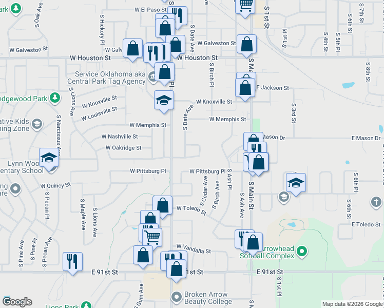 map of restaurants, bars, coffee shops, grocery stores, and more near 413 West Nashville Place in Broken Arrow