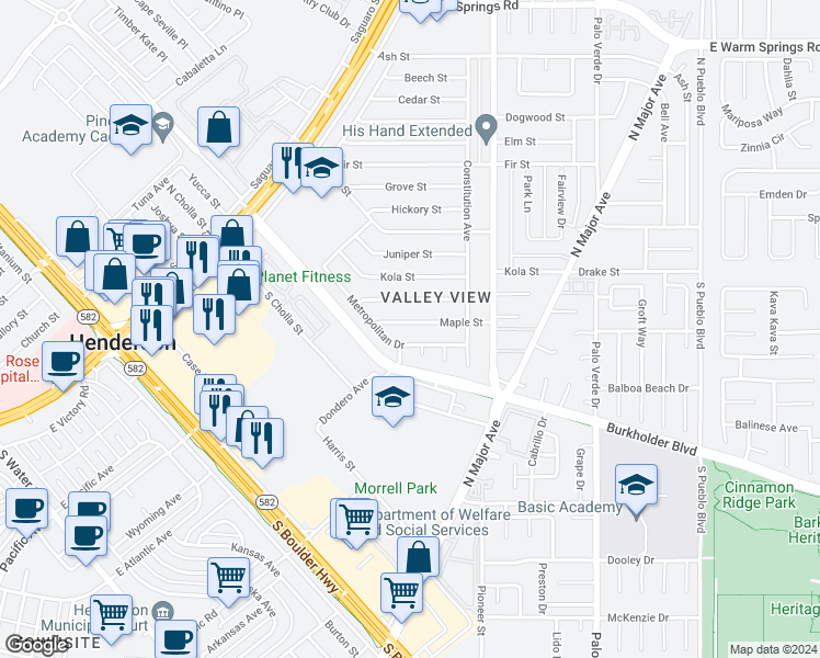 map of restaurants, bars, coffee shops, grocery stores, and more near 111 Maple Street in Henderson