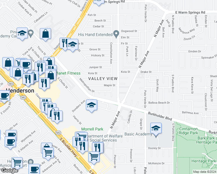 map of restaurants, bars, coffee shops, grocery stores, and more near 129 Maple Street in Henderson