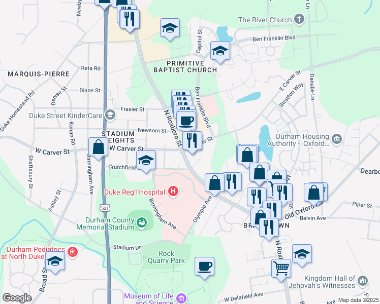map of restaurants, bars, coffee shops, grocery stores, and more near 3732 North Roxboro Street in Durham
