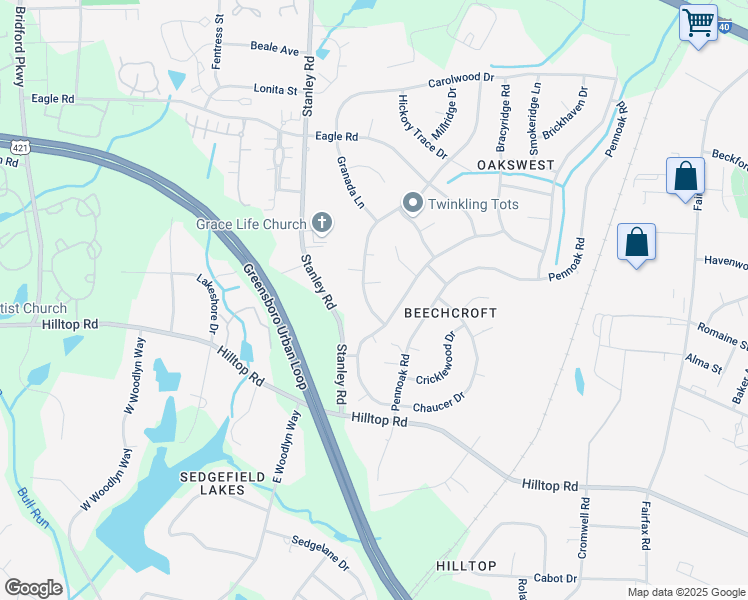 map of restaurants, bars, coffee shops, grocery stores, and more near 1 Old Farm Court in Greensboro