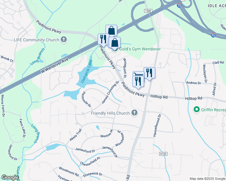 map of restaurants, bars, coffee shops, grocery stores, and more near 3019 Southhampton Drive in Jamestown