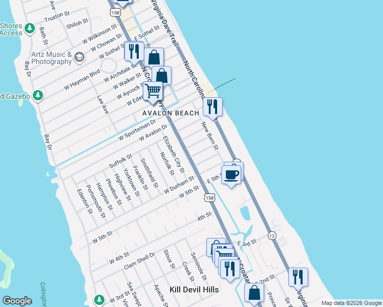 map of restaurants, bars, coffee shops, grocery stores, and more near 100 Greenville St in Kill Devil Hills