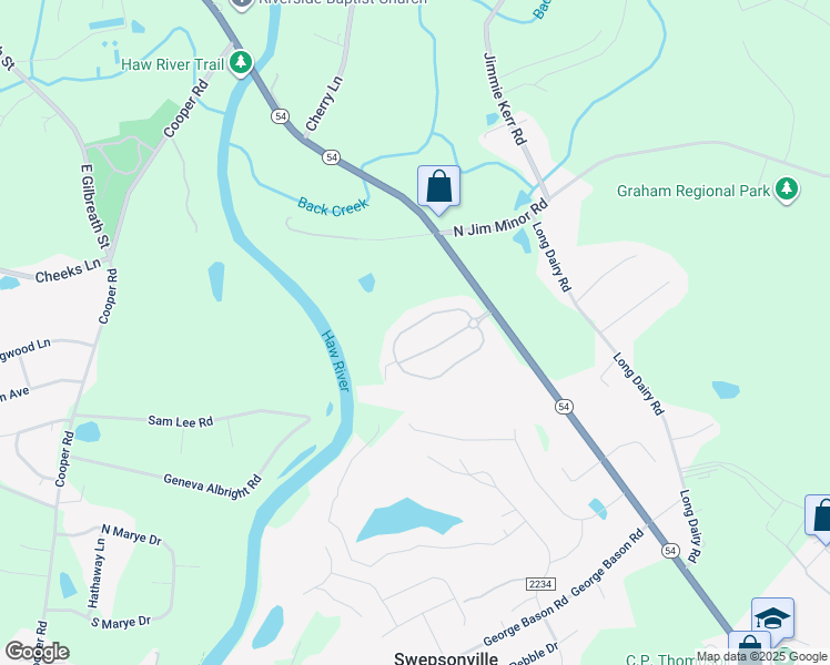 map of restaurants, bars, coffee shops, grocery stores, and more near 2196 Longshadow Drive in Graham
