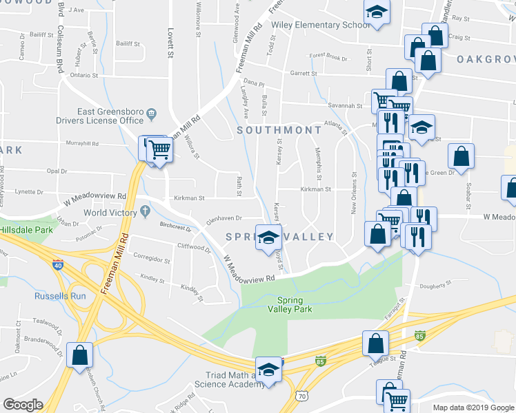 map of restaurants, bars, coffee shops, grocery stores, and more near 2400 Floyd Street in Greensboro