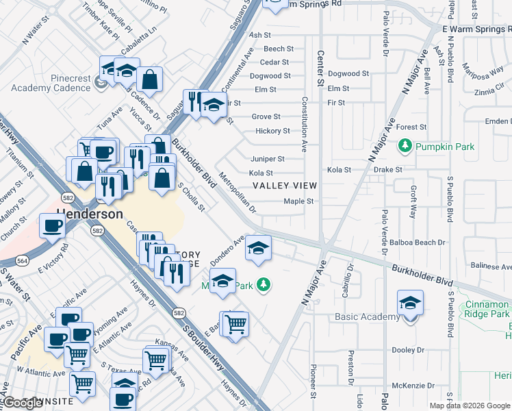 map of restaurants, bars, coffee shops, grocery stores, and more near 100 Maple Street in Henderson