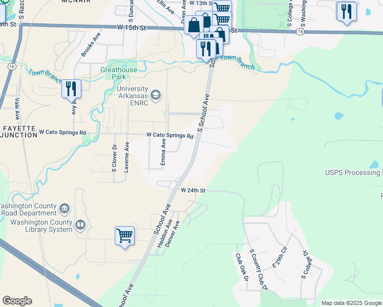 map of restaurants, bars, coffee shops, grocery stores, and more near 2237 South School Avenue in Fayetteville
