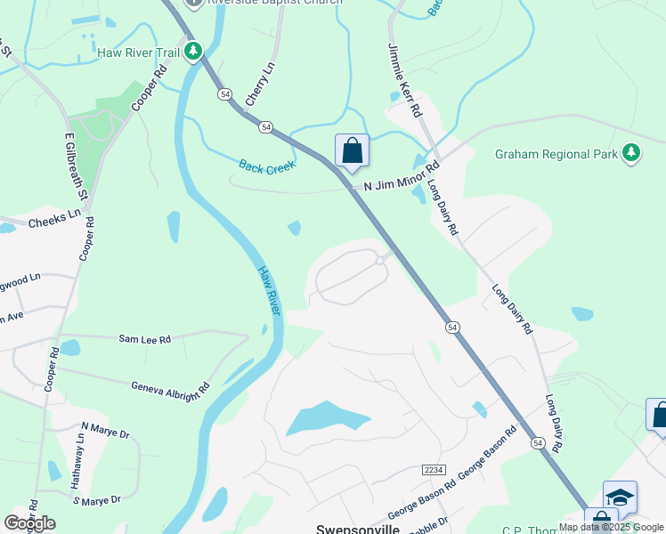 map of restaurants, bars, coffee shops, grocery stores, and more near 2196 Longshadow Drive in Graham