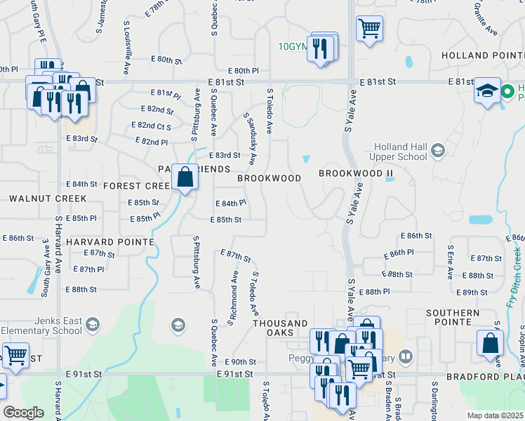 map of restaurants, bars, coffee shops, grocery stores, and more near 8425 South Sandusky Avenue in Tulsa