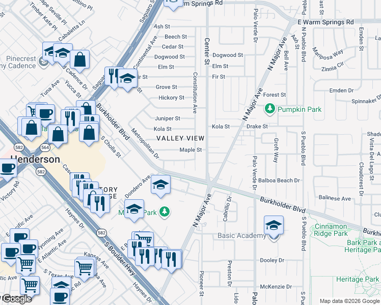 map of restaurants, bars, coffee shops, grocery stores, and more near 129 Maple Street in Henderson