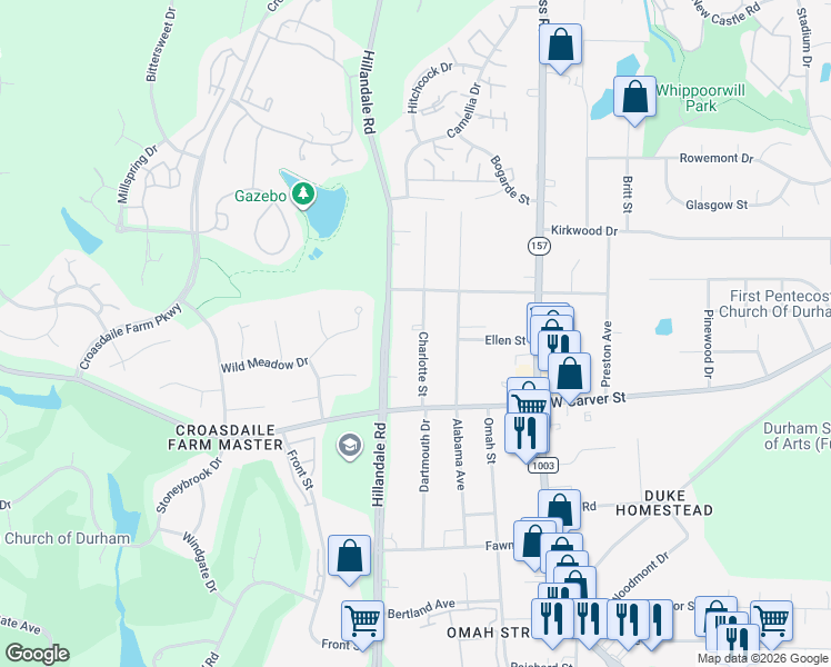 map of restaurants, bars, coffee shops, grocery stores, and more near 2233 Charlotte Street in Durham