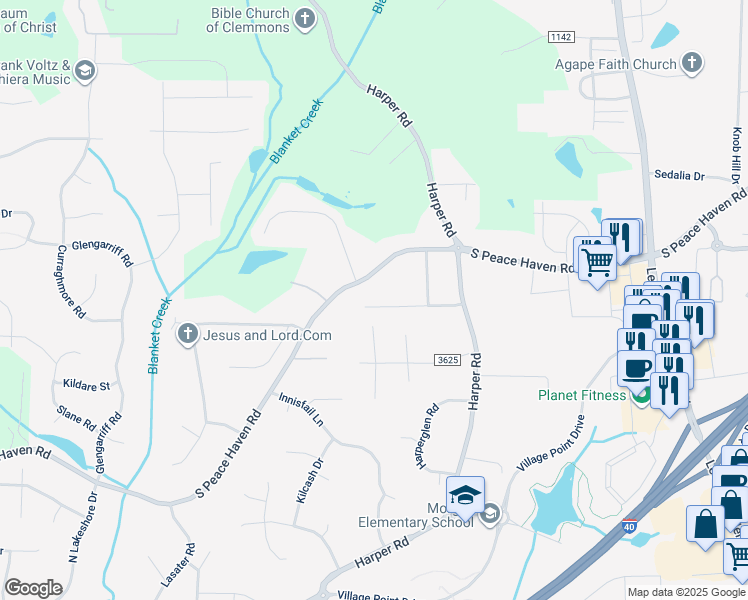 map of restaurants, bars, coffee shops, grocery stores, and more near 6969 Harpervalley Lane in Clemmons