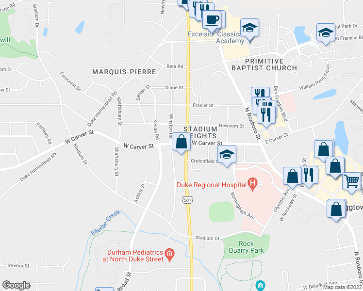 map of restaurants, bars, coffee shops, grocery stores, and more near 501 Carver Street in Durham