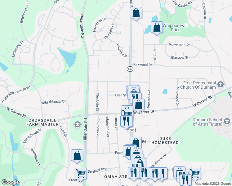 map of restaurants, bars, coffee shops, grocery stores, and more near 2720 Ellen Street in Durham
