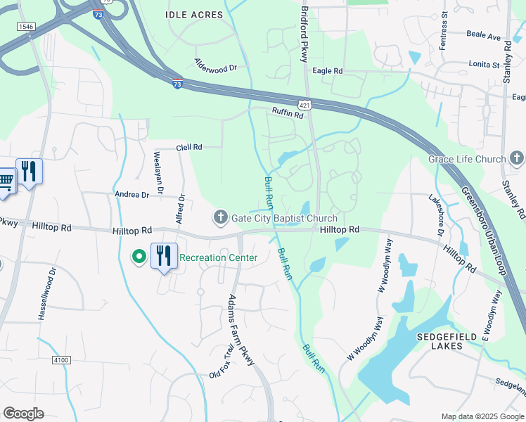 map of restaurants, bars, coffee shops, grocery stores, and more near 5234 Hilltop Road in Jamestown