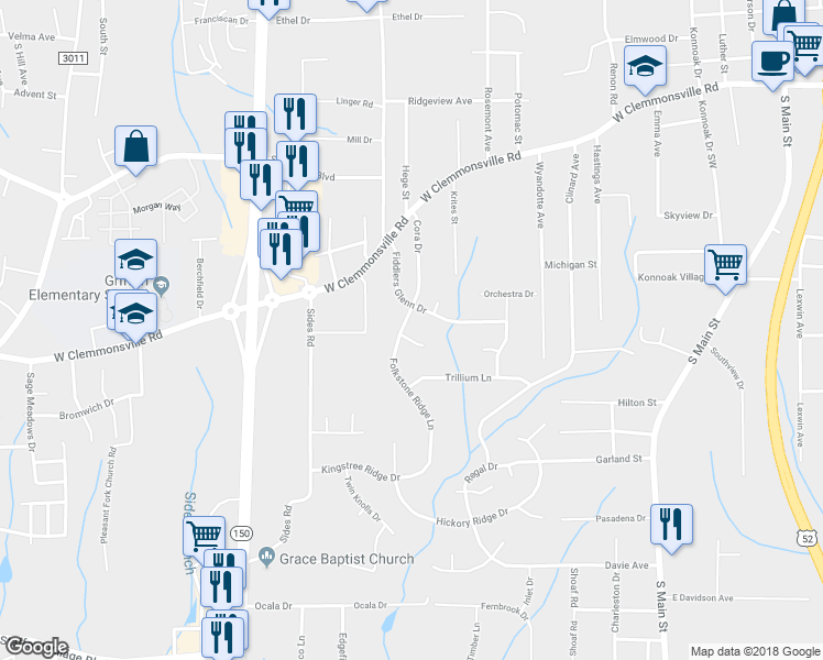 map of restaurants, bars, coffee shops, grocery stores, and more near 2489 Fiddlers Glenn Drive in Winston-Salem