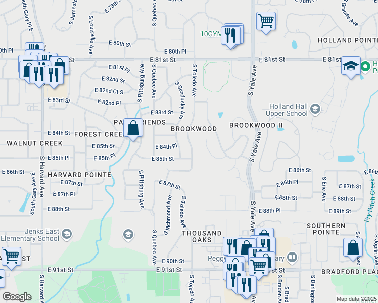 map of restaurants, bars, coffee shops, grocery stores, and more near 8425 South Sandusky Avenue in Tulsa
