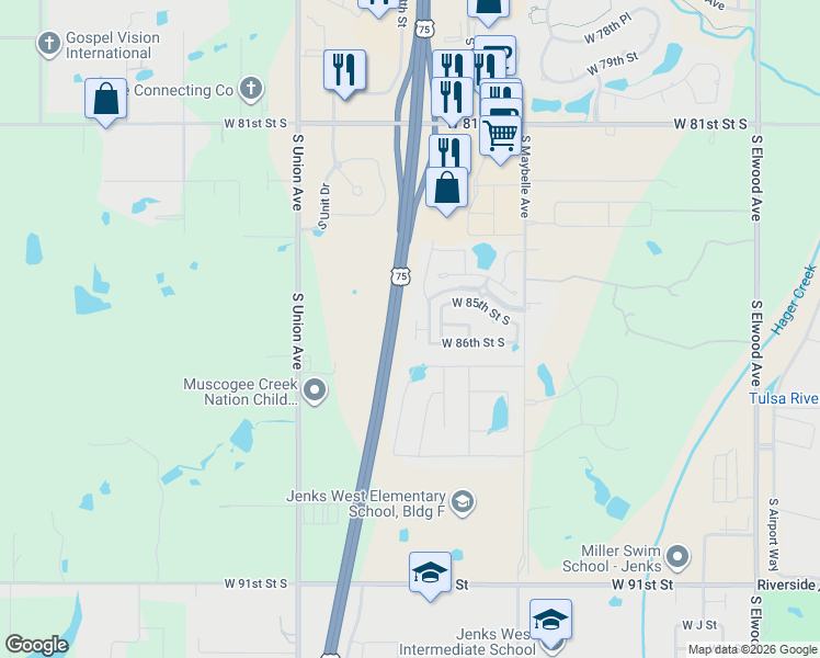 map of restaurants, bars, coffee shops, grocery stores, and more near 1236 West 85th Court South in Tulsa