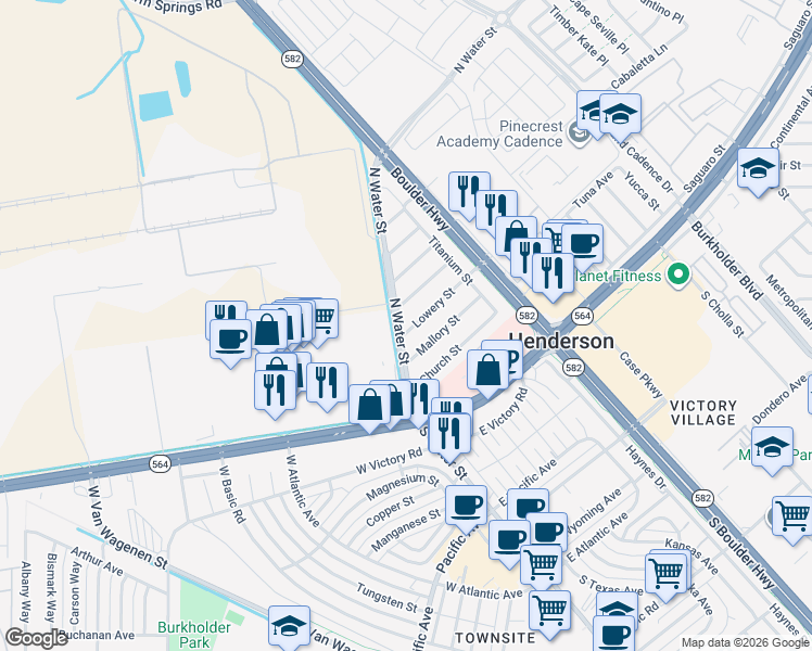 map of restaurants, bars, coffee shops, grocery stores, and more near 10 Lowery Street in Henderson