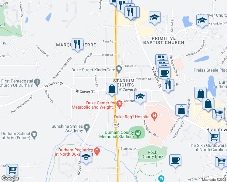 map of restaurants, bars, coffee shops, grocery stores, and more near 503 West Carver Street in Durham