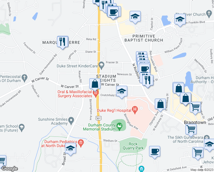 map of restaurants, bars, coffee shops, grocery stores, and more near 405 West Carver Street in Durham