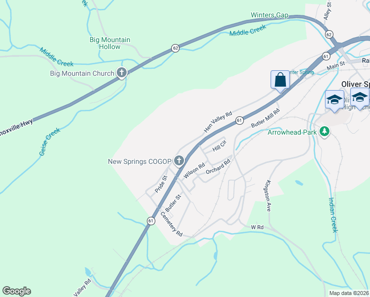 map of restaurants, bars, coffee shops, grocery stores, and more near 678 Hen Valley Road in Oliver Springs