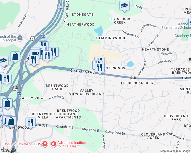 map of restaurants, bars, coffee shops, grocery stores, and more near 5601 Cloverland Drive in Brentwood