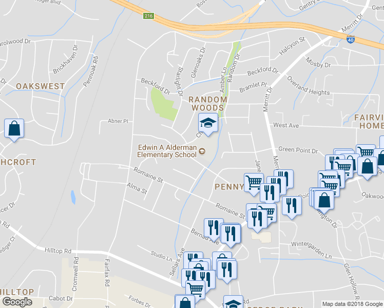 map of restaurants, bars, coffee shops, grocery stores, and more near 4410 Pennydale Drive in Greensboro