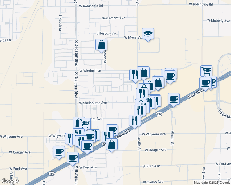 map of restaurants, bars, coffee shops, grocery stores, and more near 8175 Arville Street in Las Vegas