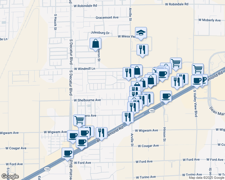map of restaurants, bars, coffee shops, grocery stores, and more near 8175 Arville Street in Las Vegas
