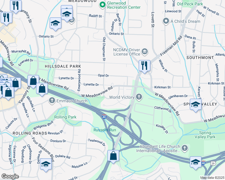 map of restaurants, bars, coffee shops, grocery stores, and more near 1407 West Meadowview Road in Greensboro