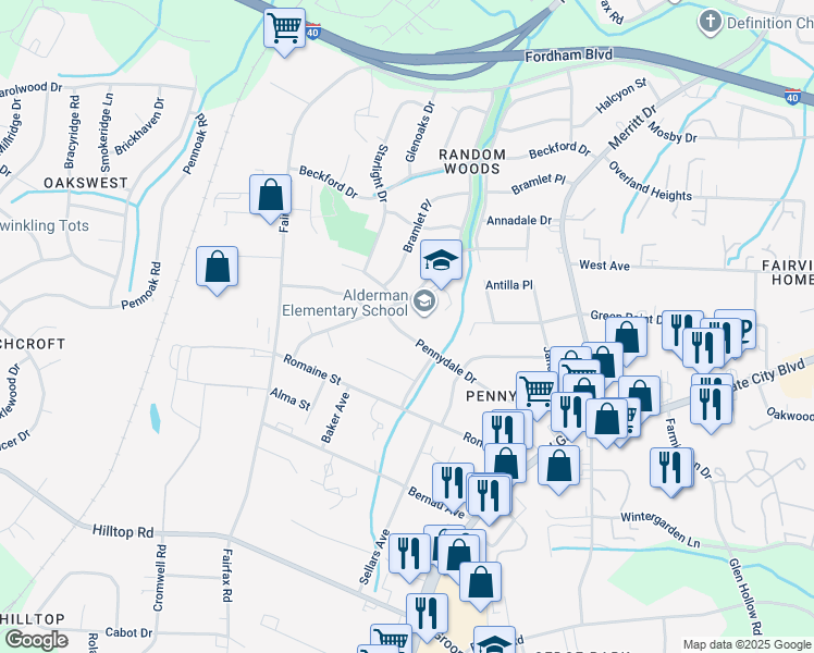 map of restaurants, bars, coffee shops, grocery stores, and more near 4410 Pennydale Drive in Greensboro