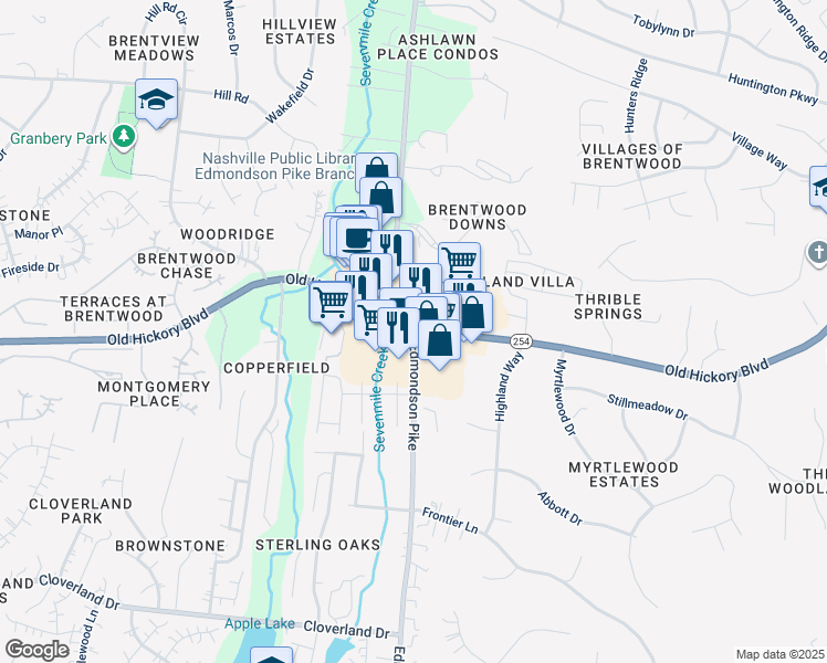 map of restaurants, bars, coffee shops, grocery stores, and more near Old Hickory Blvd & Edmondson Pike in Nashville