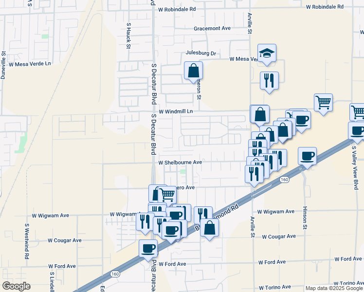 map of restaurants, bars, coffee shops, grocery stores, and more near 8175 Arville Street in Las Vegas