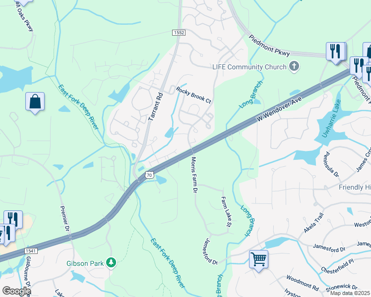 map of restaurants, bars, coffee shops, grocery stores, and more near 5110 West Wendover Avenue in Jamestown