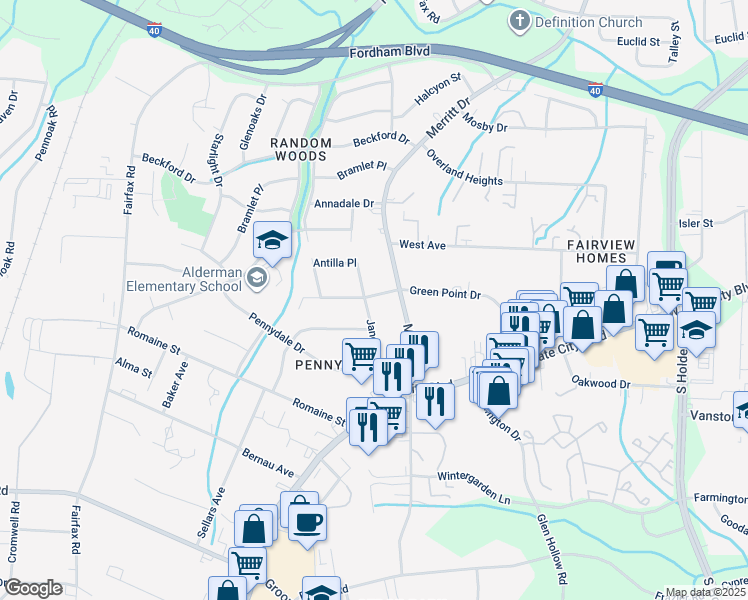 map of restaurants, bars, coffee shops, grocery stores, and more near 2101 Jane Street in Greensboro