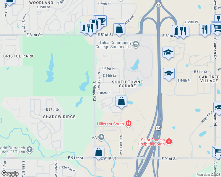 map of restaurants, bars, coffee shops, grocery stores, and more near 9826 East 85th Street in Tulsa