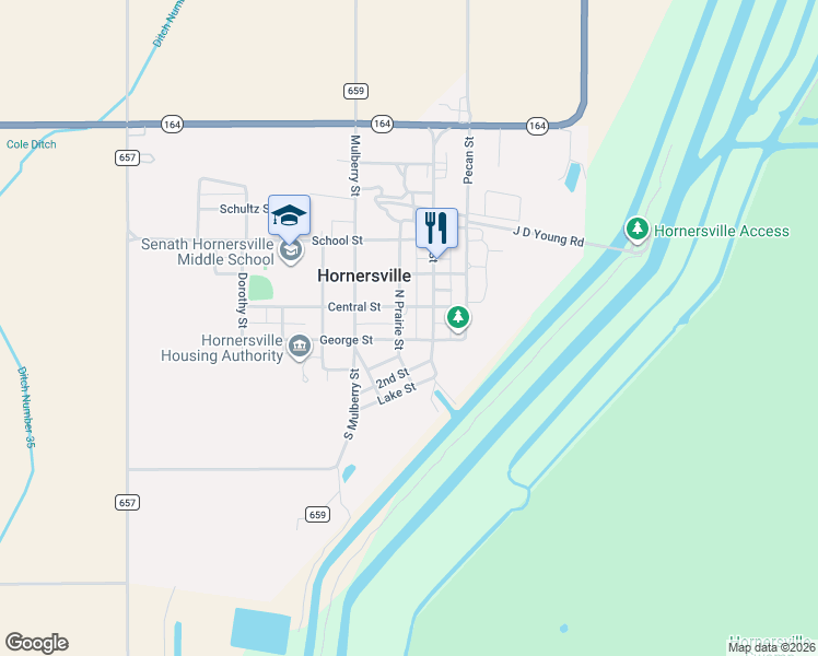 map of restaurants, bars, coffee shops, grocery stores, and more near 300-398 North Prairie Street in Hornersville