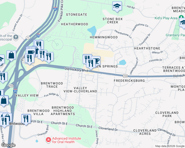 map of restaurants, bars, coffee shops, grocery stores, and more near 5601 Cloverland Drive in Brentwood