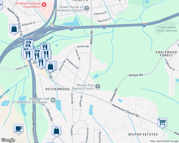 map of restaurants, bars, coffee shops, grocery stores, and more near 2031 Willow Road in Greensboro