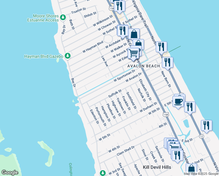 map of restaurants, bars, coffee shops, grocery stores, and more near 603 West Sportsman Drive in Kill Devil Hills