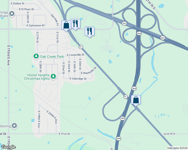 map of restaurants, bars, coffee shops, grocery stores, and more near 1305 South 36th Street in Broken Arrow