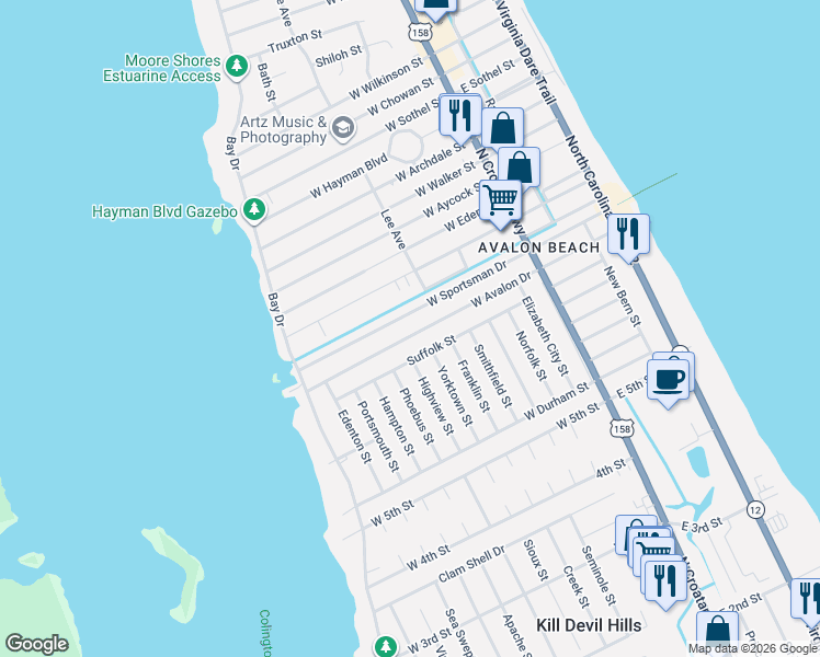 map of restaurants, bars, coffee shops, grocery stores, and more near 603 West Sportsman Drive in Kill Devil Hills